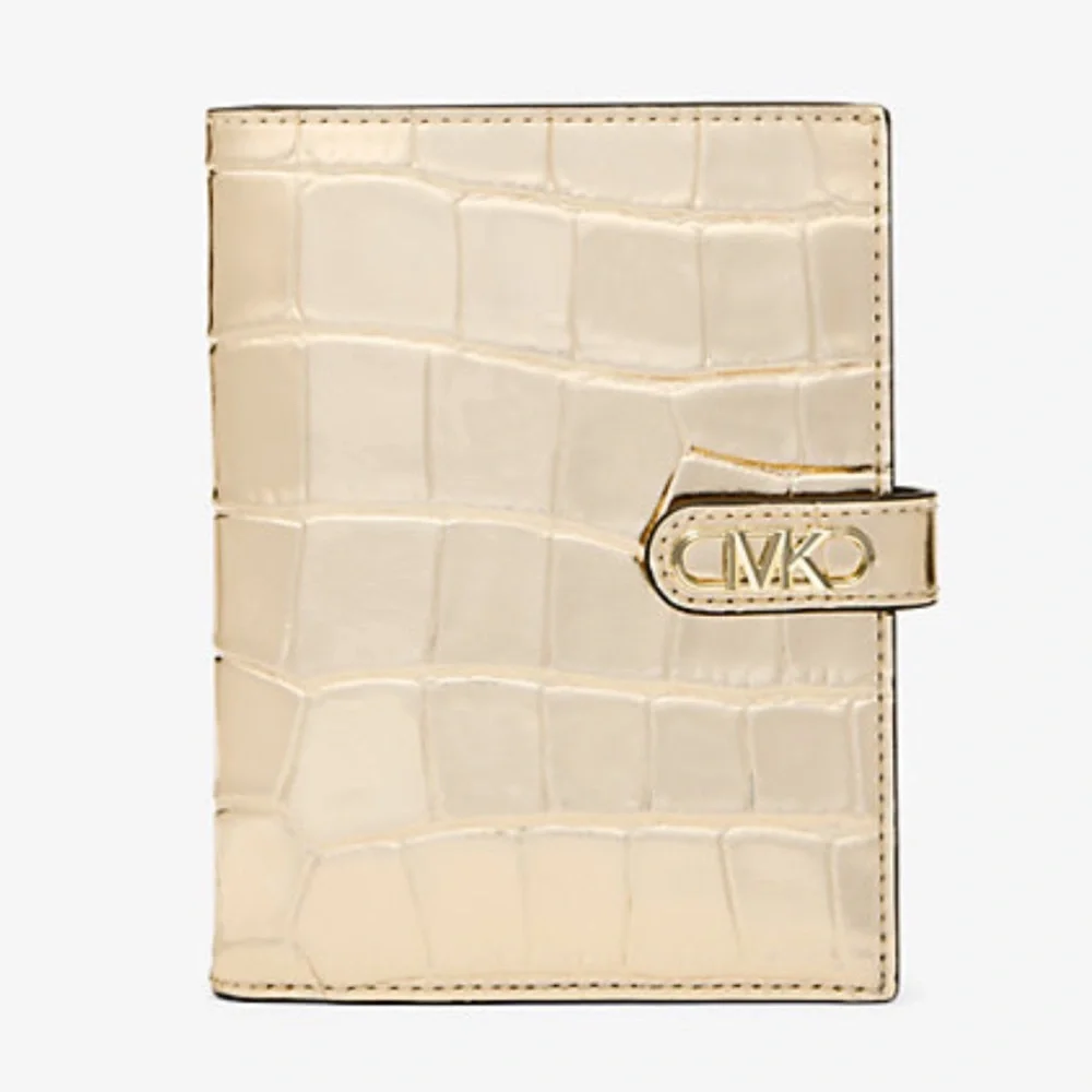 Michael Kors Empire Metallic Crocodile Embossed Leather Passport Wallet Pale Gld